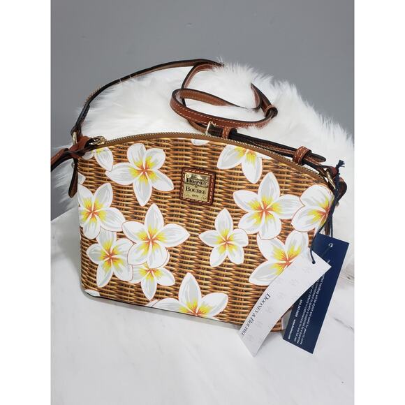 Dooney & Bourke Plumeria Suki Crossbody Handbag White Yellow Flowers Brown Strap